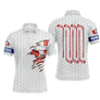 Polo de golf personnalisé homme blanc texturé balle avec drapeau suisse rouge et clubs alignés rouges