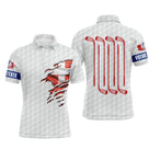 Polo de golf personnalisé homme blanc texturé balle avec drapeau suisse rouge et clubs alignés rouges