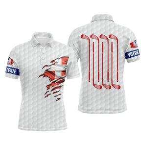Polo de golf personnalisé homme blanc texturé balle avec drapeau suisse rouge et clubs alignés rouges