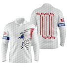 Polo manches longues golf unisexe blanc clubs croisés rouge bleu silhouette golfeur tissu technique respirant