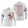 Polo de golf manches longues unisexe blanc avec drapeau suisse rouge et clubs alignés pour parcours frais