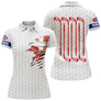 Polo de golf femme blanc texturé balle avec drapeau suisse et clubs rouges coupe ajustée féminine