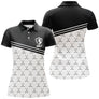 Polo golf noir et blanc femme avec clubs stylisés et logo GOLF élégant
