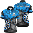 Polo fléchettes bleu cyan homme avec tourbillon vortex et cibles, prénom et équipe personnalisés
