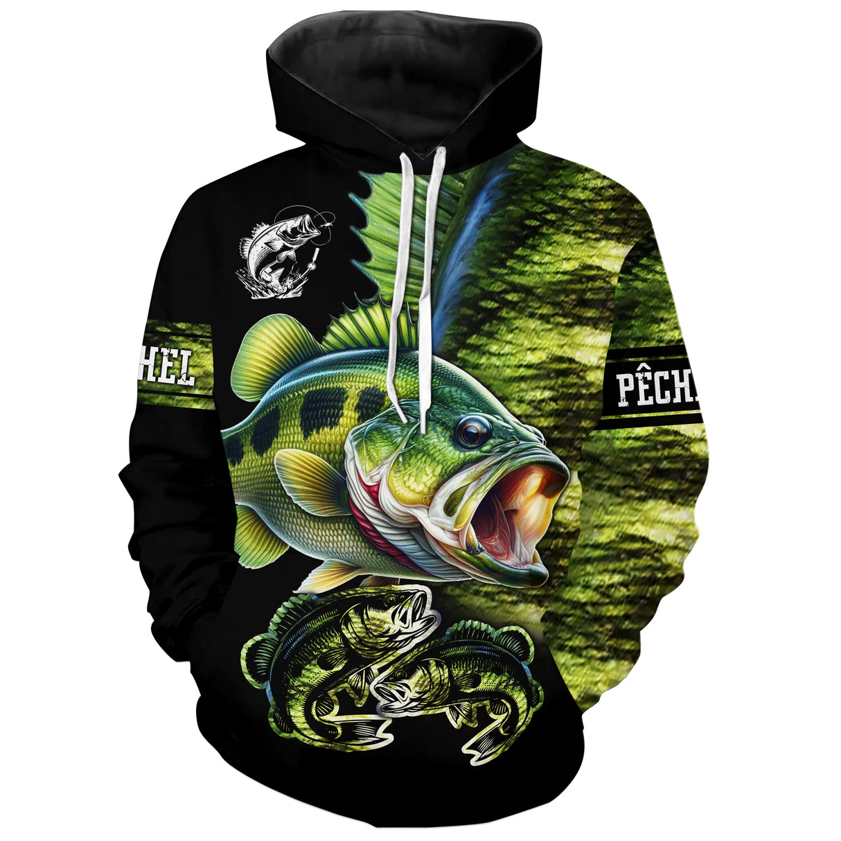 Hoodie pêche bar all-over peau écaillée verte motif perche-bar mâchoire ouverte pêcheur prénom personnalisé