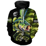 Hoodie pêche bar all-over peau écaillée verte motif perche-bar mâchoire ouverte pêcheur prénom personnalisé