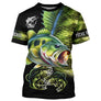 T-shirt pêche bar all-over peau écaillée verte motif perche-bar gueule ouverte respirant écologique prénom personnalisé
