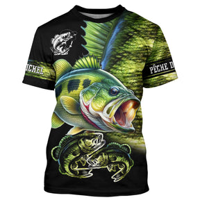 T-shirt pêche bar all-over peau écaillée verte motif perche-bar gueule ouverte respirant écologique prénom personnalisé