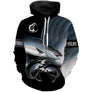 Sweat capuche pêche saumon all-over fond noir motif saumon métallisé pêcheur prénom personnalisé