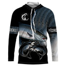 Hoodie pêche saumon all-over fond noir motif saumon argenté pleine remontée prénom personnalisé moucheur