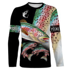 T-shirt manches longues pêche truite all-over fond noir motif truite arc-en-ciel salmonidé prénom personnalisé
