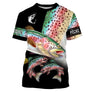 T-shirt pêche truite all-over fond noir motif truite arc-en-ciel rose jaune verte multicolore prénom personnalisé