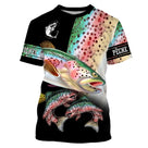 T-shirt pêche truite all-over fond noir motif truite arc-en-ciel rose jaune verte multicolore prénom personnalisé