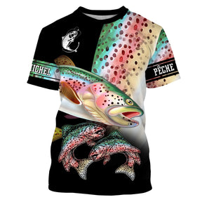 T-shirt pêche truite all-over fond noir motif truite arc-en-ciel rose jaune verte multicolore prénom personnalisé