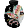 Sweat capuche pêche truite all-over fond noir motif truite multicolore alpine prénom personnalisé moucheur