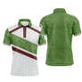 Polo golf homme blanc texture balle de golf sac de clubs bordeaux beige bandes diagonales inscription GOLF dos coupe ajustée