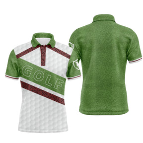 Polo golf homme blanc texture balle de golf sac de clubs bordeaux beige bandes diagonales inscription GOLF dos coupe ajustée