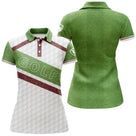 Polo golf femme blanc sac de clubs bordeaux beige bandes diagonales inscription GOLF coupe cintrée tissu respirant