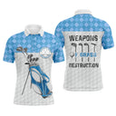 Polo golf homme bleu clair argyle losanges blanc sac de clubs imprimé slogan Weapons of Grass Destruction coupe ajustée