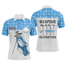Polo golf homme bleu clair argyle losanges blanc sac de clubs imprimé slogan Weapons of Grass Destruction coupe ajustée