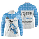 Polo manches longues golf unisexe bleu clair argyle sac clubs slogan Weapons of Grass Destruction tissu respirant