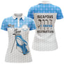 Polo golf femme bleu clair argyle sac de clubs slogan Weapons of Grass Destruction coupe cintrée tissu respirant