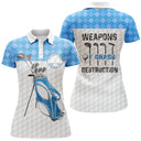 Polo golf femme bleu clair argyle sac de clubs slogan Weapons of Grass Destruction coupe cintrée tissu respirant