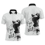 Polo golf homme blanc texture balle de golf silhouette golfeur swing grunge noire slogan Fou de Golf typographie cursive