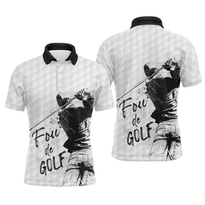 Polo golf homme blanc texture balle de golf silhouette golfeur swing grunge noire slogan Fou de Golf typographie cursive