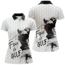 Polo golf femme blanc silhouette golfeur swing grunge noire slogan Fou de Golf cursive coupe cintrée tissu respirant