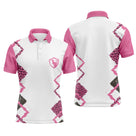 Polo golf homme blanc zigzag rose vif motif léopard noir col et manches rose framboise médaillon central