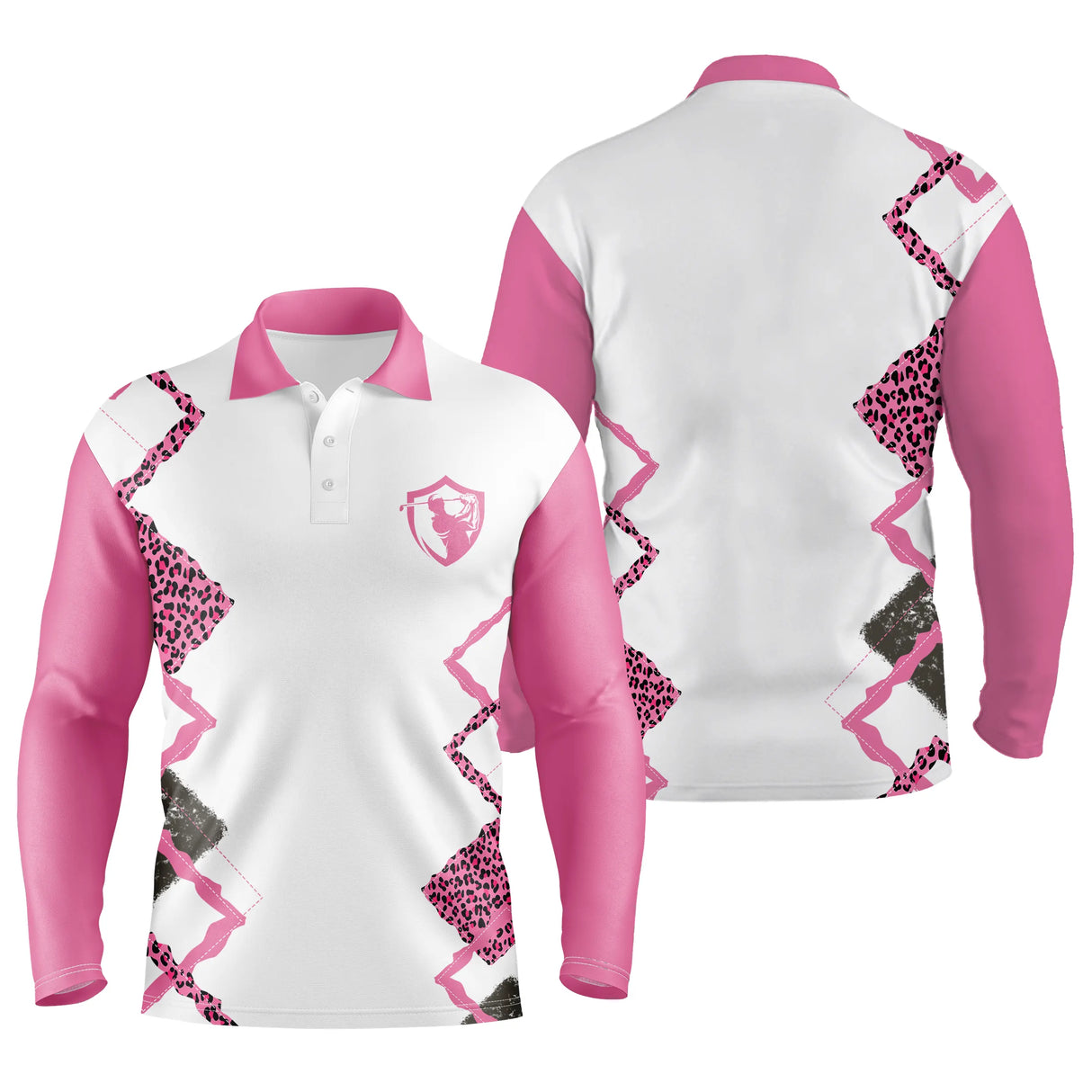 Polo manches longues golf unisexe blanc zigzag rose léopard col rose framboise tissu respirant