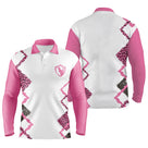 Polo manches longues golf unisexe blanc zigzag rose léopard col rose framboise tissu respirant