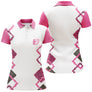 Polo golf femme blanc zigzag rose vif léopard noir col rose framboise coupe cintrée tissu respirant