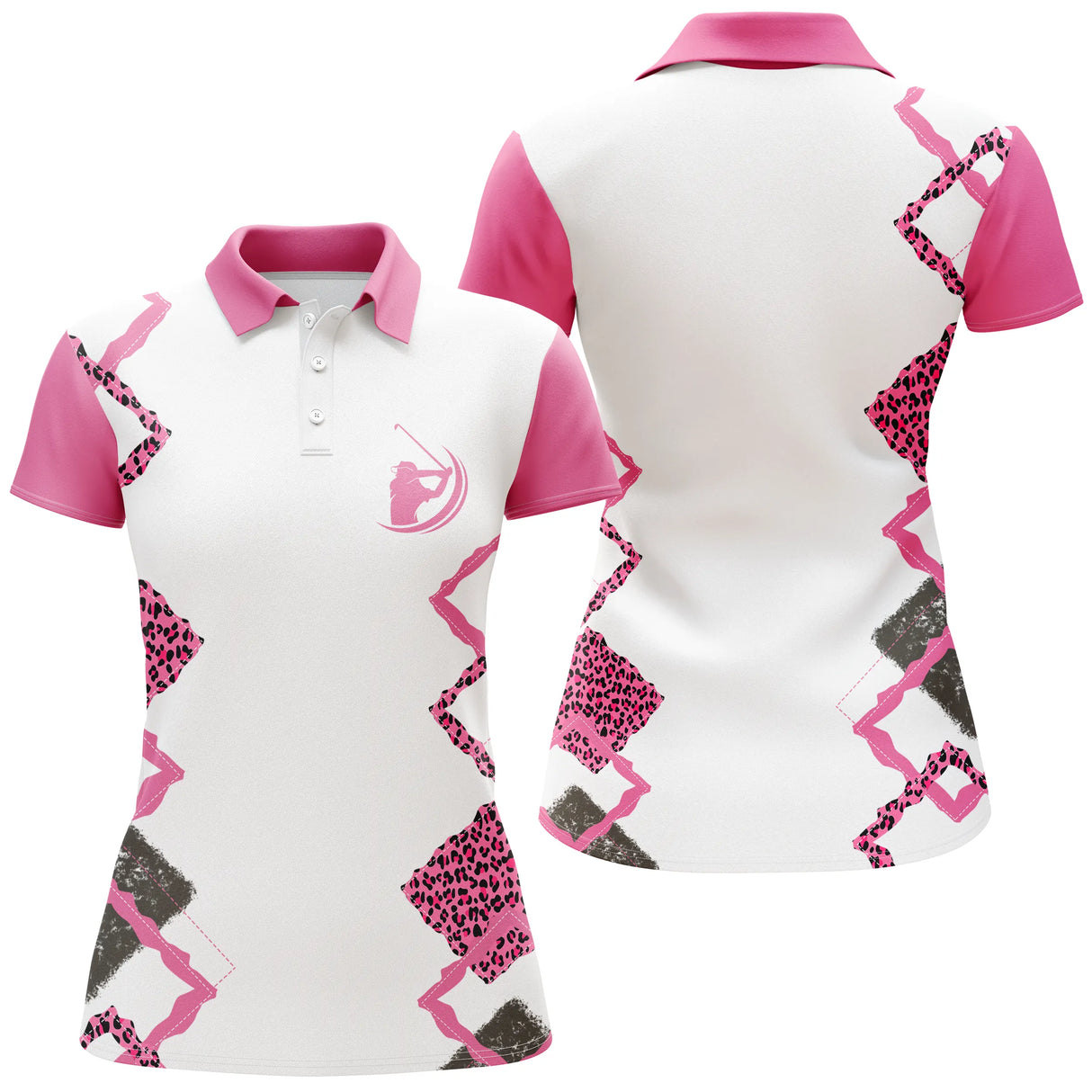 Polo golf femme blanc zigzag rose vif léopard noir col rose framboise coupe cintrée tissu respirant