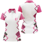 Polo golf femme blanc zigzag rose vif léopard noir col rose framboise coupe cintrée tissu respirant