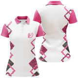 Polo golf femme blanc zigzag rose vif léopard noir col rose framboise coupe cintrée tissu respirant