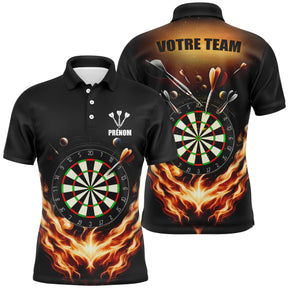 Polo fléchettes noir homme avec cible en feu orange et fléchettes Cible en Feu, prénom et équipe personnalisés