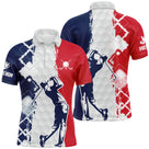 Polo golf tricolore homme avec effet balle de golf, silhouette golfer en swing et damier bleu rouge, prénom personnalisé