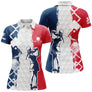 Polo golf tricolore femme avec balle blanche et silhouette swing sur fond bleu rouge, prénom personnalisé