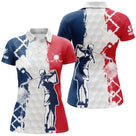 Polo golf tricolore femme avec balle blanche et silhouette swing sur fond bleu rouge, prénom personnalisé