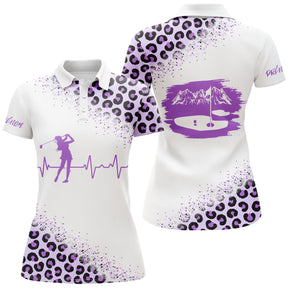Polo golf blanc et violet homme avec motif léopard, silhouette golfeur en swing et battement de coeur, prénom personnalisé