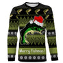 Sweater Noël Merry Fishmas jacquard vert, coupe unisexe humour pêcheur pour famille halieutique