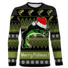 Sweater Noël Merry Fishmas jacquard vert, coupe unisexe humour pêcheur pour famille halieutique
