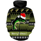 T-shirt Noël Merry Fishmas vert, design all-over festif pour amateur halieutique au pied du sapin