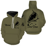 Sweat capuche pêche carpe vert kaki Carp Diem prénom personnalisable poche kangourou