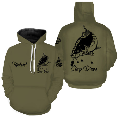 Sweat capuche pêche carpe vert kaki Carp Diem prénom personnalisable poche kangourou