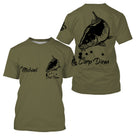 T-shirt pêche carpe vert kaki illustration carpe en saut Carp Diem prénom Michael manche personnalisé