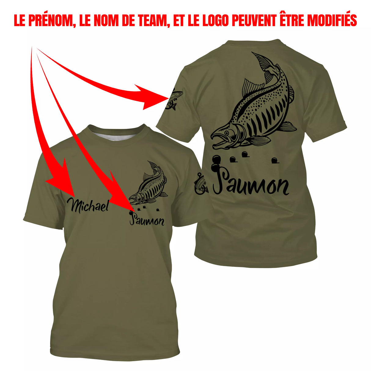 T-shirt pêche saumon kaki all-over silhouette saumon noire moucheur prénom personnalisé fly-fishing rivière