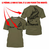 T-shirt pêche saumon kaki all-over silhouette saumon noire moucheur prénom personnalisé fly-fishing rivière